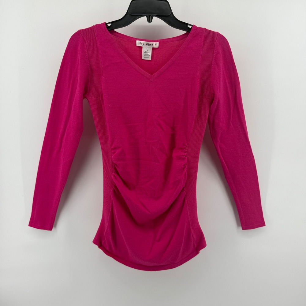 y2k Say What? Pink Ruched Knit Top Long Sleeve V Neck Ribbed Detail Women's Sz M
